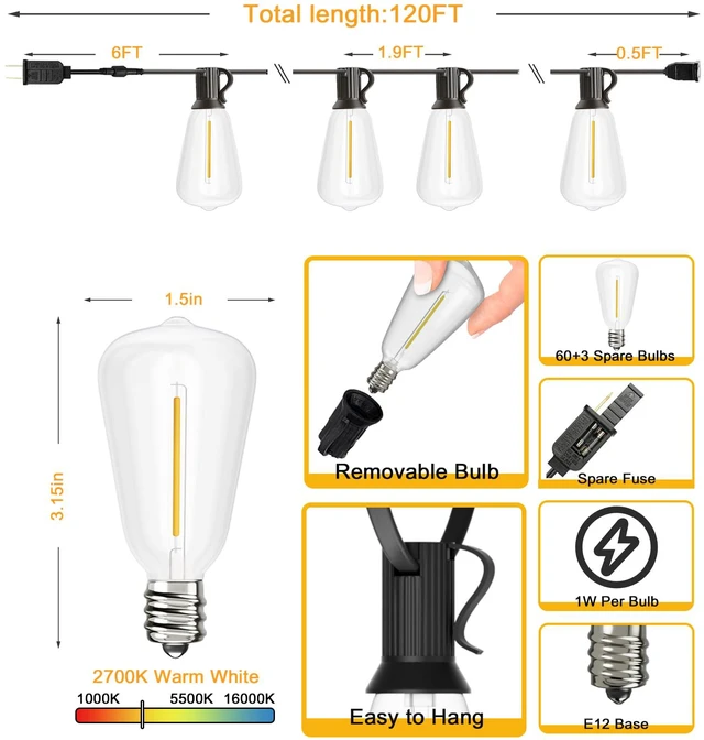Alt view image 4 of 7 - Outdoor String Lights 120 FT, Waterproof Patio Light with 63 Bulbs Outside Hanging Lighting, ST38 Dimmable Edison LED Bulbs, Connectable for Bistro Cafe Market Backyard, ETL 2700K