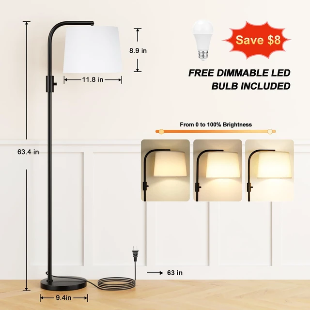 Alt view image 2 of 7 - Fully Dimmable Floor Lamp with 9W LED Bulb, Standing Lamp for Living Room with Adjustable Head, Modern Tall Light with Rotary Switch for Office, Black and White