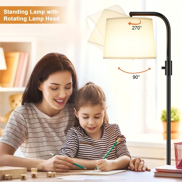 Alt view image 4 of 7 - Fully Dimmable Floor Lamp with 9W LED Bulb, Standing Lamp for Living Room with Adjustable Head, Modern Tall Light with Rotary Switch for Office, Black and White