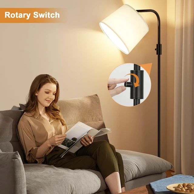 Alt view image 6 of 7 - Fully Dimmable Floor Lamp with 9W LED Bulb, Standing Lamp for Living Room with Adjustable Head, Modern Tall Light with Rotary Switch for Office, Black and White