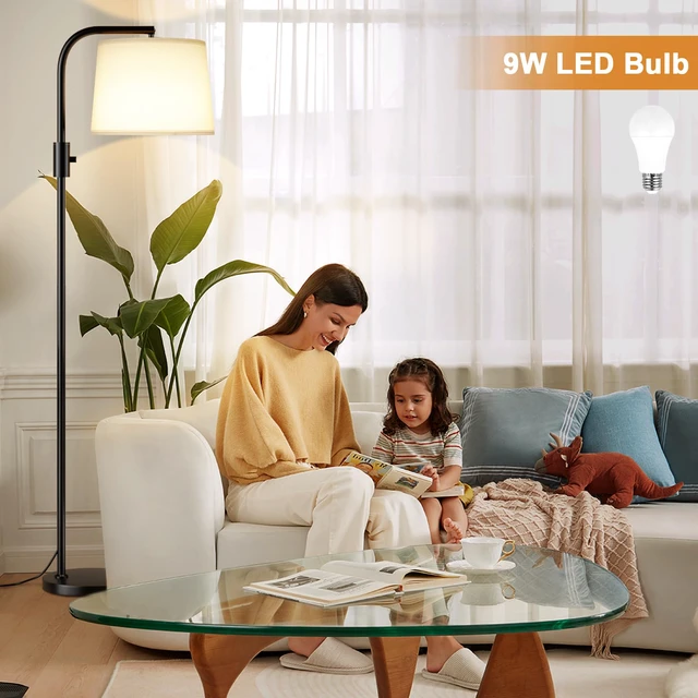 Alt view image 7 of 7 - Fully Dimmable Floor Lamp with 9W LED Bulb, Standing Lamp for Living Room with Adjustable Head, Modern Tall Light with Rotary Switch for Office, Black and White