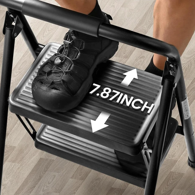 Alt view image 4 of 7 - Step Stool for Adults,2 Step Ladder Folding 330lbs Anti Slip Step Stool,Foldable Ergonomic 2 Steel Stool with Wide Pedal for Home, Kitchen, Office (Matte Black)
