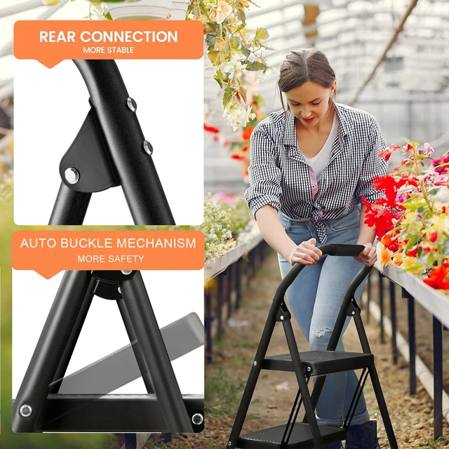 Alt view image 6 of 7 - Step Stool for Adults,2 Step Ladder Folding 330lbs Anti Slip Step Stool,Foldable Ergonomic 2 Steel Stool with Wide Pedal for Home, Kitchen, Office (Matte Black)