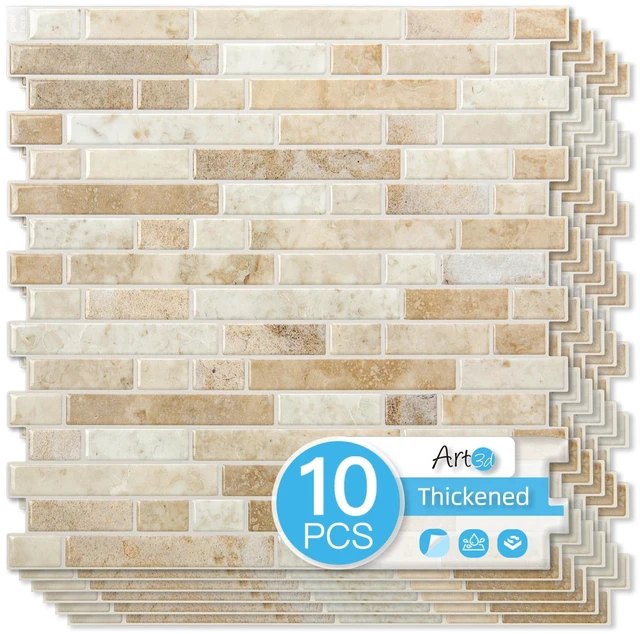 Main image of Linear Tile Peel and Stick Backsplash, 10-Pack, Eurasian Mocha Stone 12 x 12 Inch, Enhanced Thickness, Warp Resistant, Strong Adhesion, Sturdy, for Kitchen, Bedroom, Ideal for Home Improvement