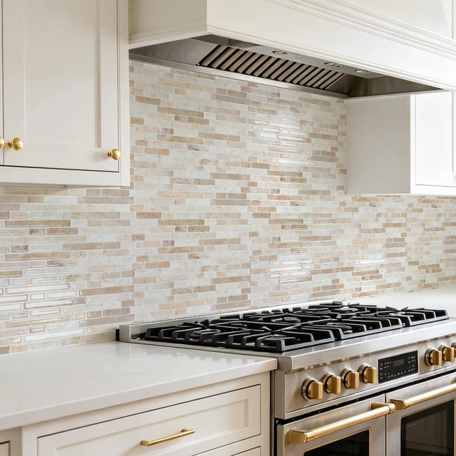 Alt view image 2 of 7 - Linear Tile Peel and Stick Backsplash, 10-Pack, Eurasian Mocha Stone 12 x 12 Inch, Enhanced Thickness, Warp Resistant, Strong Adhesion, Sturdy, for Kitchen, Bedroom, Ideal for Home Improvement