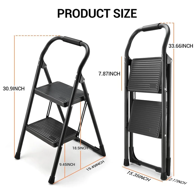 Alt view image 7 of 7 - Step Stool for Adults,2 Step Ladder Folding 330lbs Anti Slip Step Stool,Foldable Ergonomic 2 Steel Stool with Wide Pedal for Home, Kitchen, Office (Matte Black)