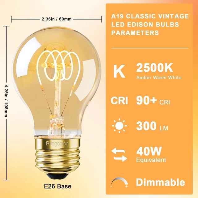 Alt view image 2 of 6 - Dimmable E26 4W LED A19 Vintage Edison Decorative Light Bulbs 40 Watt 2500K 4 Pack Amber Warm White Light, Decorative Antique Light Bulbs for Modern, Rustic, Farmhouse Light Fixtures, CRI 90+, 300LM