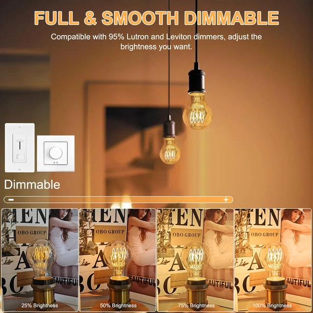 Alt view image 4 of 6 - Dimmable E26 4W LED A19 Vintage Edison Decorative Light Bulbs 40 Watt 2500K 4 Pack Amber Warm White Light, Decorative Antique Light Bulbs for Modern, Rustic, Farmhouse Light Fixtures, CRI 90+, 300LM