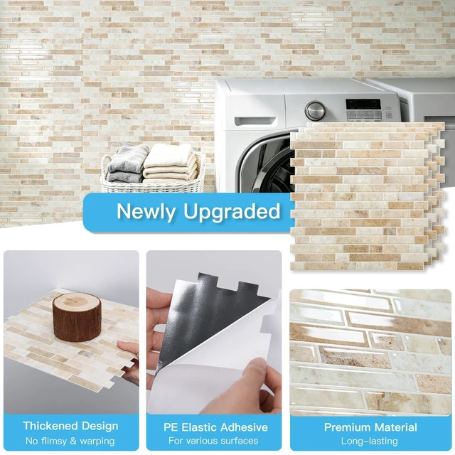 Alt view image 5 of 7 - Linear Tile Peel and Stick Backsplash, 10-Pack, Eurasian Mocha Stone 12 x 12 Inch, Enhanced Thickness, Warp Resistant, Strong Adhesion, Sturdy, for Kitchen, Bedroom, Ideal for Home Improvement