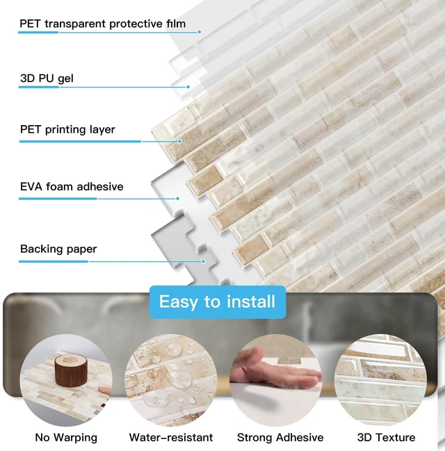 Alt view image 6 of 7 - Linear Tile Peel and Stick Backsplash, 10-Pack, Eurasian Mocha Stone 12 x 12 Inch, Enhanced Thickness, Warp Resistant, Strong Adhesion, Sturdy, for Kitchen, Bedroom, Ideal for Home Improvement