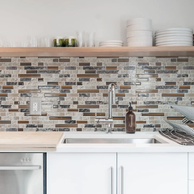 Alt view image 2 of 7 - Linear Design Tile Peel and Stick Backsplash, 10-Sheet, Sandstone 12 x 12 Inch, Enhanced Thickness, Warp Resistant, Strong Adhesion, Sturdy, for Kitchen, Bedroom, Ideal for Home Improvement