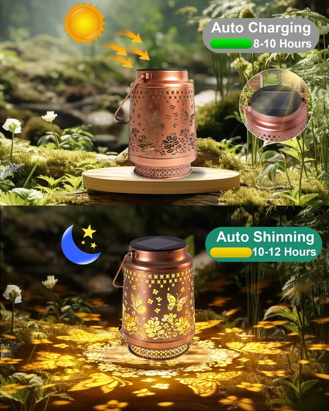 Alt view image 4 of 7 - 2 Pack Butterfly Solar Lanterns Outdoor Waterproof, Garden Decor Birthday Gifts for Women Mom Grandma Sister, Metal Hanging Solar Lights Outside Decorative for Backyard Patio Lawn Pathway Landscape