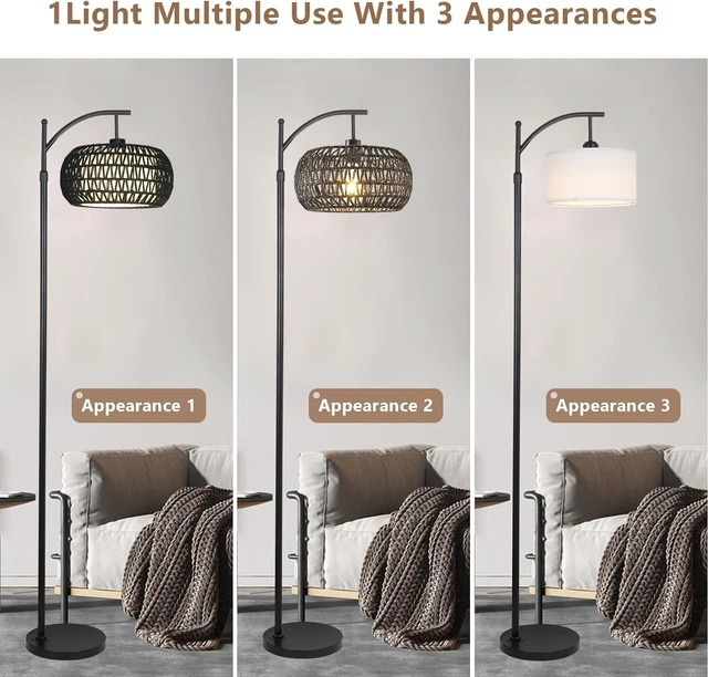 Alt view image 4 of 7 - Arc Floor Lamp with 3 Color Temperatures,Black Floor Lamp with Remote Control, Boho Standing Lamp with Rattan Wicker Shades, Farmhouse Tall Pole Lamp for Living Room Bedroom