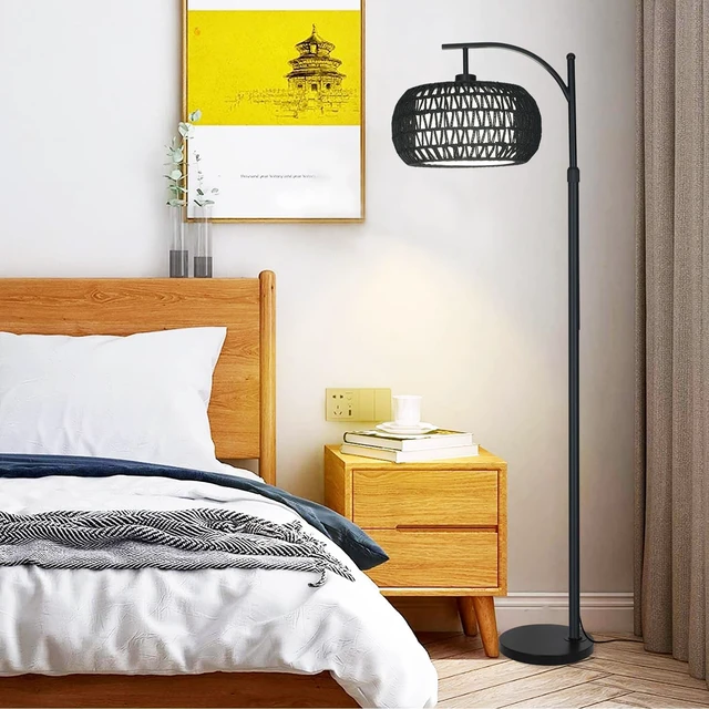 Alt view image 7 of 7 - Arc Floor Lamp with 3 Color Temperatures,Black Floor Lamp with Remote Control, Boho Standing Lamp with Rattan Wicker Shades, Farmhouse Tall Pole Lamp for Living Room Bedroom