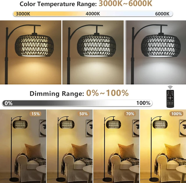 Alt view image 3 of 7 - Arc Floor Lamp with 3 Color Temperatures,Black Floor Lamp with Remote Control, Boho Standing Lamp with Rattan Wicker Shades, Farmhouse Tall Pole Lamp for Living Room Bedroom