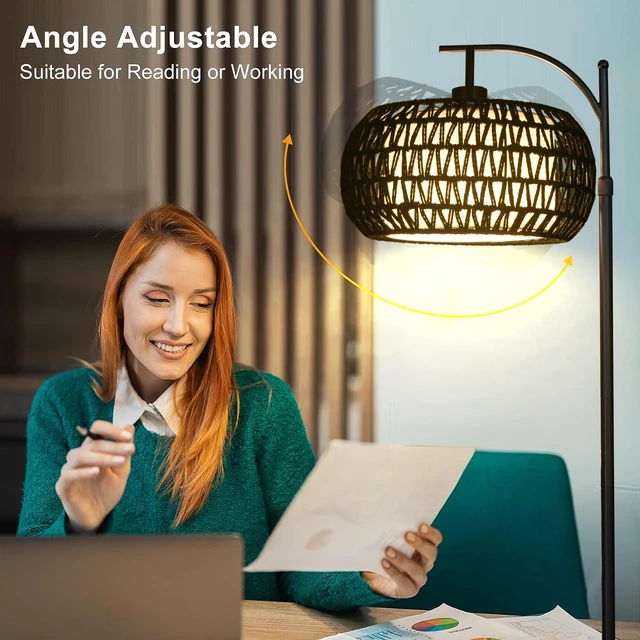 Alt view image 5 of 7 - Arc Floor Lamp with 3 Color Temperatures,Black Floor Lamp with Remote Control, Boho Standing Lamp with Rattan Wicker Shades, Farmhouse Tall Pole Lamp for Living Room Bedroom