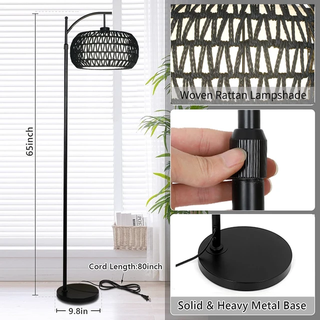 Alt view image 6 of 7 - Arc Floor Lamp with 3 Color Temperatures,Black Floor Lamp with Remote Control, Boho Standing Lamp with Rattan Wicker Shades, Farmhouse Tall Pole Lamp for Living Room Bedroom
