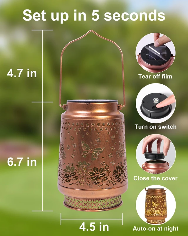 Alt view image 6 of 7 - 2 Pack Butterfly Solar Lanterns Outdoor Waterproof, Garden Decor Birthday Gifts for Women Mom Grandma Sister, Metal Hanging Solar Lights Outside Decorative for Backyard Patio Lawn Pathway Landscape