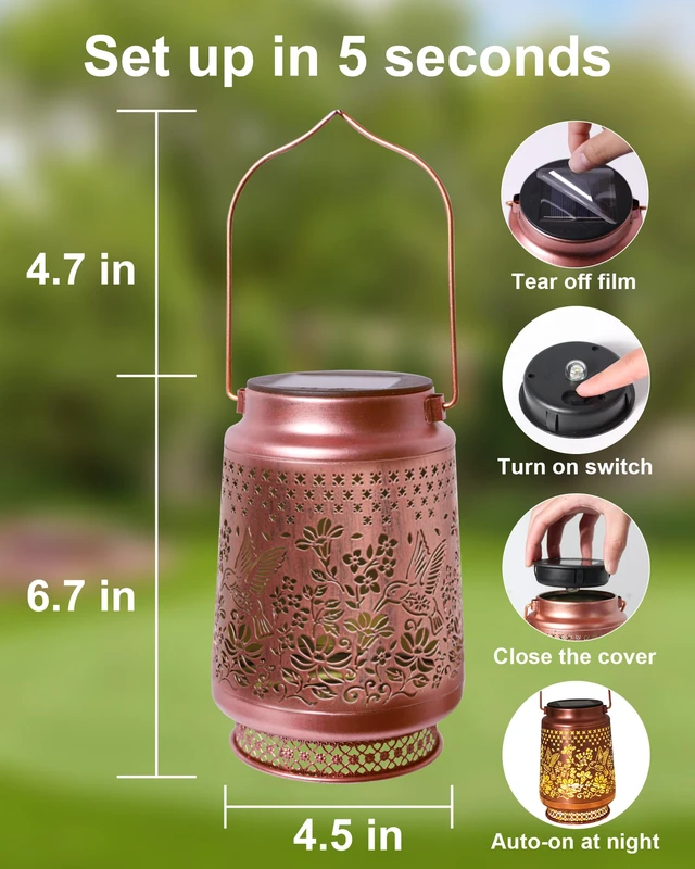 Alt view image 5 of 7 - 2 Pack Hummingbird Solar Lanterns Outdoor Waterproof, Garden Decor Birthday Gifts for Women Mom Grandma Sister, Metal Hanging Solar Lights Outside Decorative for Backyard Patio Lawn Pathway Landscape