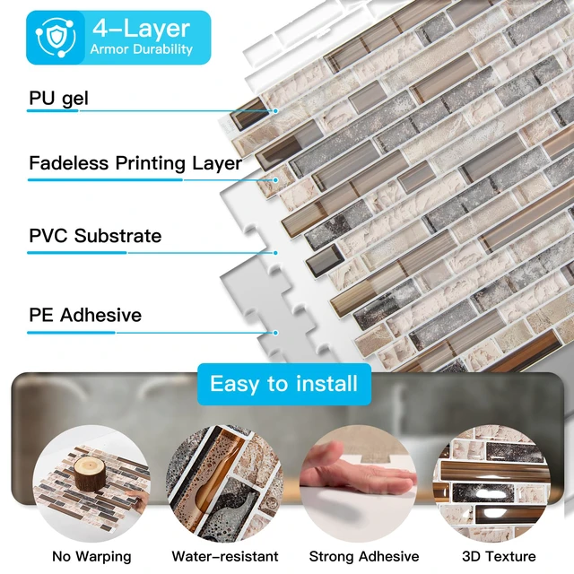 Alt view image 7 of 7 - Linear Design Tile Peel and Stick Backsplash, 10-Sheet, Sandstone 12 x 12 Inch, Enhanced Thickness, Warp Resistant, Strong Adhesion, Sturdy, for Kitchen, Bedroom, Ideal for Home Improvement