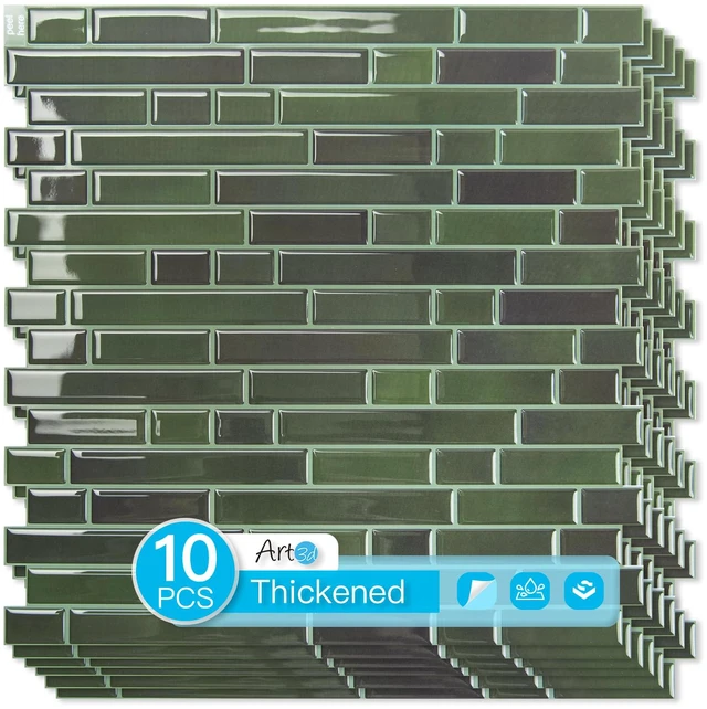 Main image of Linear Design Tile Peel and Stick Backsplash, 10-Sheet, Dark Green 12 x 12 Inch, Enhanced Thickness, Warp Resistant, Strong Adhesion, Sturdy, for Kitchen, Bedroom, Ideal for Home Improvement