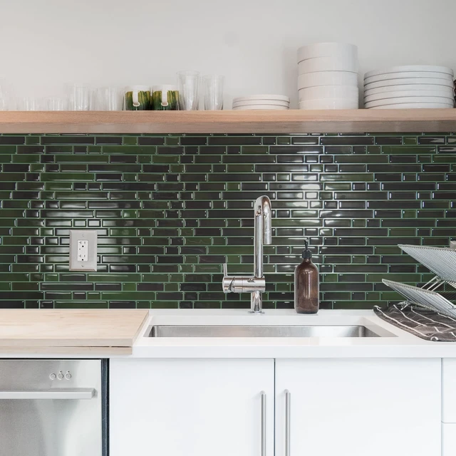 Alt view image 2 of 7 - Linear Design Tile Peel and Stick Backsplash, 10-Sheet, Dark Green 12 x 12 Inch, Enhanced Thickness, Warp Resistant, Strong Adhesion, Sturdy, for Kitchen, Bedroom, Ideal for Home Improvement