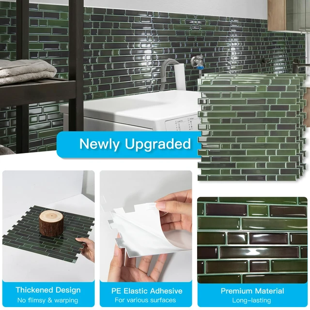 Alt view image 5 of 7 - Linear Design Tile Peel and Stick Backsplash, 10-Sheet, Dark Green 12 x 12 Inch, Enhanced Thickness, Warp Resistant, Strong Adhesion, Sturdy, for Kitchen, Bedroom, Ideal for Home Improvement