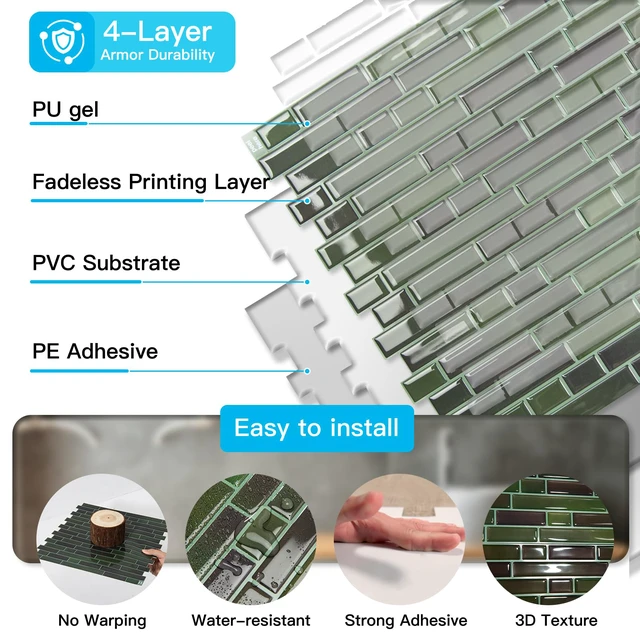 Alt view image 7 of 7 - Linear Design Tile Peel and Stick Backsplash, 10-Sheet, Dark Green 12 x 12 Inch, Enhanced Thickness, Warp Resistant, Strong Adhesion, Sturdy, for Kitchen, Bedroom, Ideal for Home Improvement