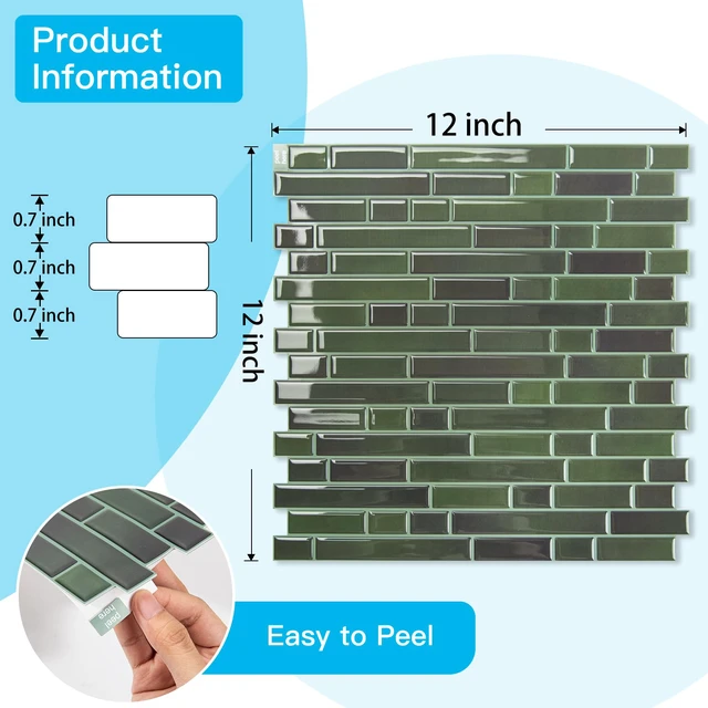 Alt view image 6 of 7 - Linear Design Tile Peel and Stick Backsplash, 10-Sheet, Dark Green 12 x 12 Inch, Enhanced Thickness, Warp Resistant, Strong Adhesion, Sturdy, for Kitchen, Bedroom, Ideal for Home Improvement