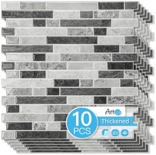 Main image of Linear Tile Peel and Stick Backsplash, 10-Sheet, Multi-Tone Gray 12 x 12 Inch, Enhanced Thickness, Warp Resistant, Strong Adhesion, Sturdy, for Kitchen, Bedroom, Ideal for Home Improvement
