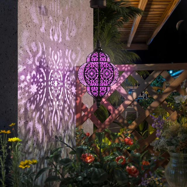 Alt view image 2 of 7 - Hanging Solar Lights Outdoor Garden Decor Solar Lantern Waterproof Plastic Moroccan Outdoor Decorations for Patio Pathway Yard Backyard Garden Decorative (2, Purple)