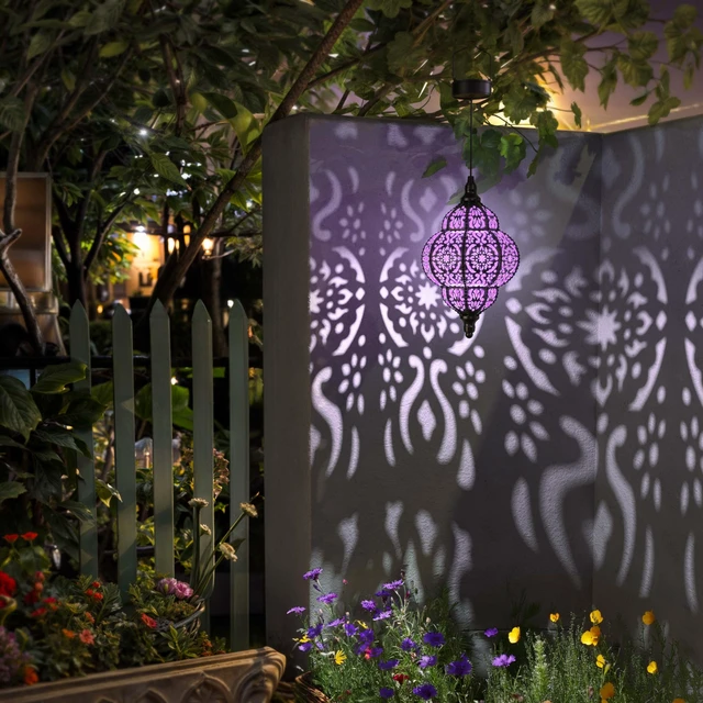 Alt view image 3 of 7 - Hanging Solar Lights Outdoor Garden Decor Solar Lantern Waterproof Plastic Moroccan Outdoor Decorations for Patio Pathway Yard Backyard Garden Decorative (2, Purple)