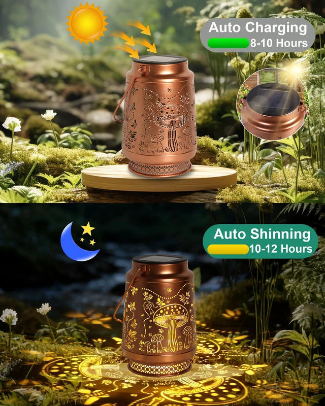 Alt view image 4 of 7 - 2 Pack Mushroom Solar Lanterns Outdoor Waterproof, Garden Decor Birthday Gifts for Women Mom Grandma Sister, Metal Hanging Solar Lights Outside Decorative for Backyard Patio Lawn Pathway Landscape
