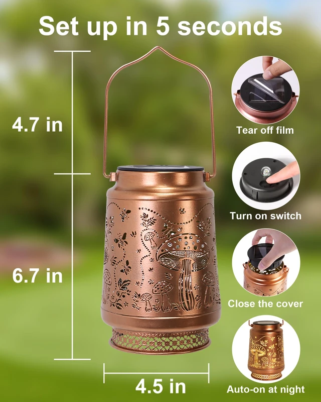 Alt view image 5 of 7 - 2 Pack Mushroom Solar Lanterns Outdoor Waterproof, Garden Decor Birthday Gifts for Women Mom Grandma Sister, Metal Hanging Solar Lights Outside Decorative for Backyard Patio Lawn Pathway Landscape