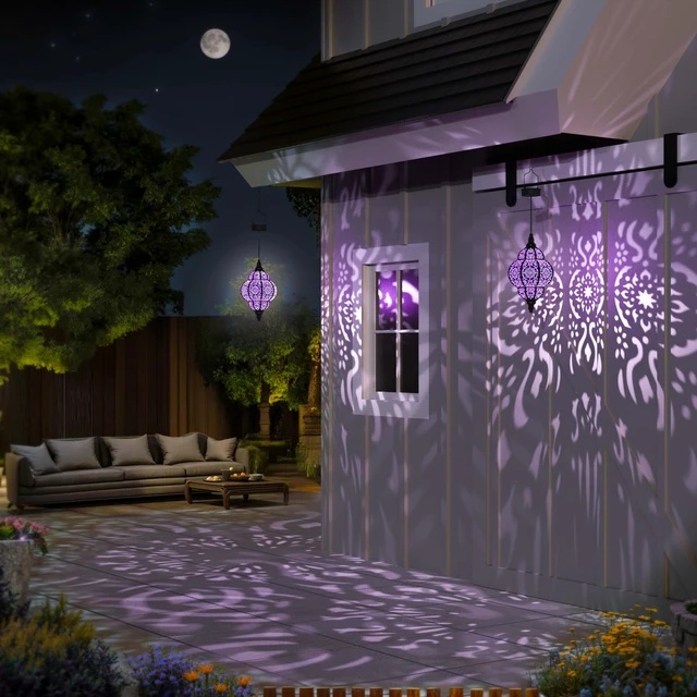 Alt view image 4 of 7 - Hanging Solar Lights Outdoor Garden Decor Solar Lantern Waterproof Plastic Moroccan Outdoor Decorations for Patio Pathway Yard Backyard Garden Decorative (2, Purple)