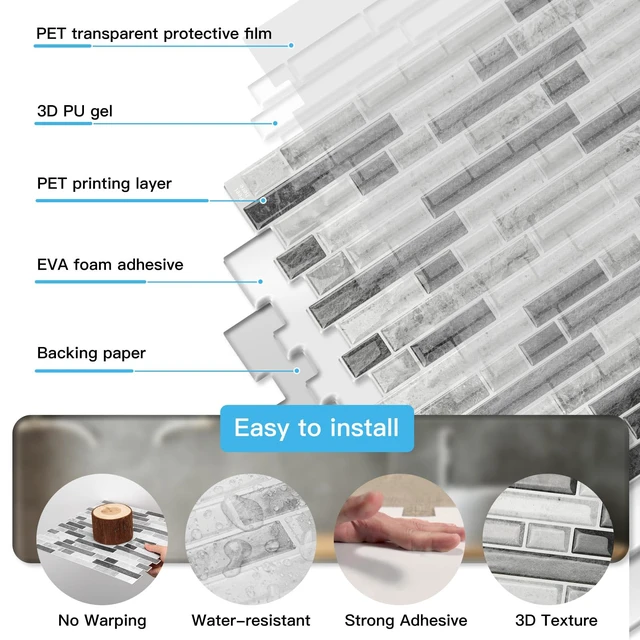 Alt view image 7 of 7 - Linear Tile Peel and Stick Backsplash, 10-Sheet, Multi-Tone Gray 12 x 12 Inch, Enhanced Thickness, Warp Resistant, Strong Adhesion, Sturdy, for Kitchen, Bedroom, Ideal for Home Improvement