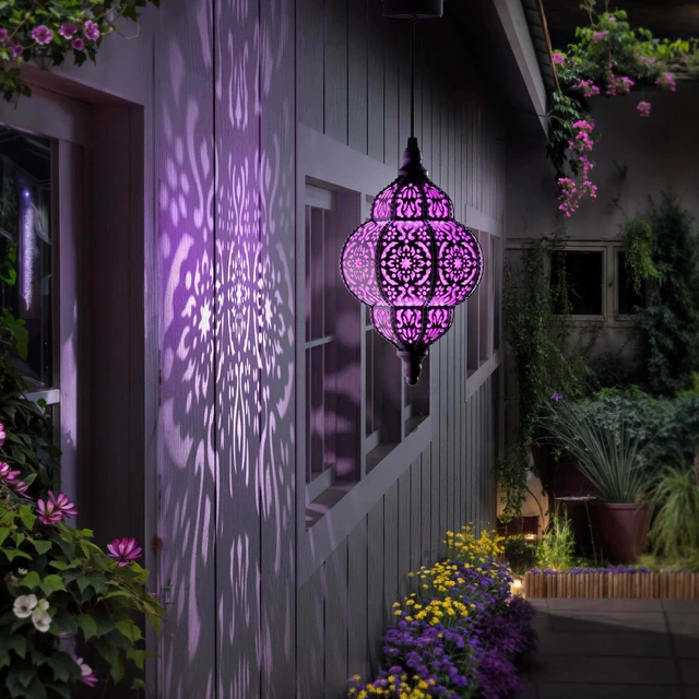 Alt view image 7 of 7 - Hanging Solar Lights Outdoor Garden Decor Solar Lantern Waterproof Plastic Moroccan Outdoor Decorations for Patio Pathway Yard Backyard Garden Decorative (2, Purple)