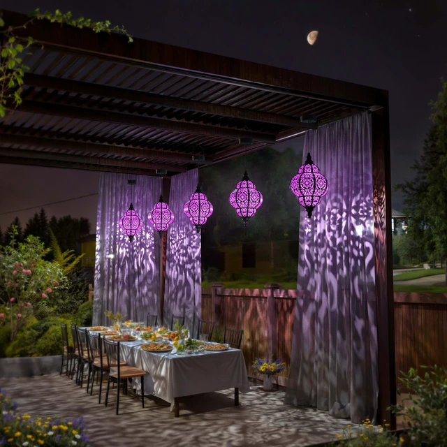 Alt view image 5 of 7 - Hanging Solar Lights Outdoor Garden Decor Solar Lantern Waterproof Plastic Moroccan Outdoor Decorations for Patio Pathway Yard Backyard Garden Decorative (2, Purple)
