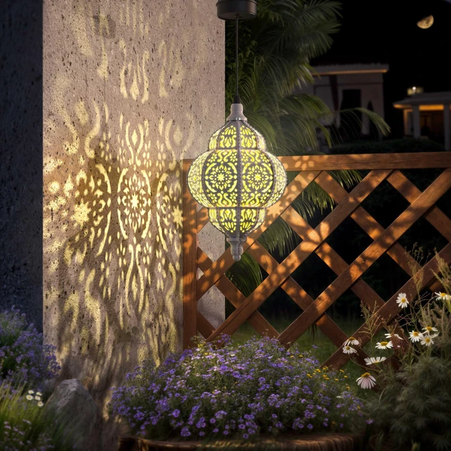 Alt view image 2 of 7 - Hanging Solar Lights Outdoor Garden Decor Solar Lantern Waterproof Plastic Moroccan Outdoor Decorations for Patio Pathway Yard Backyard Garden Decorative (2, White)
