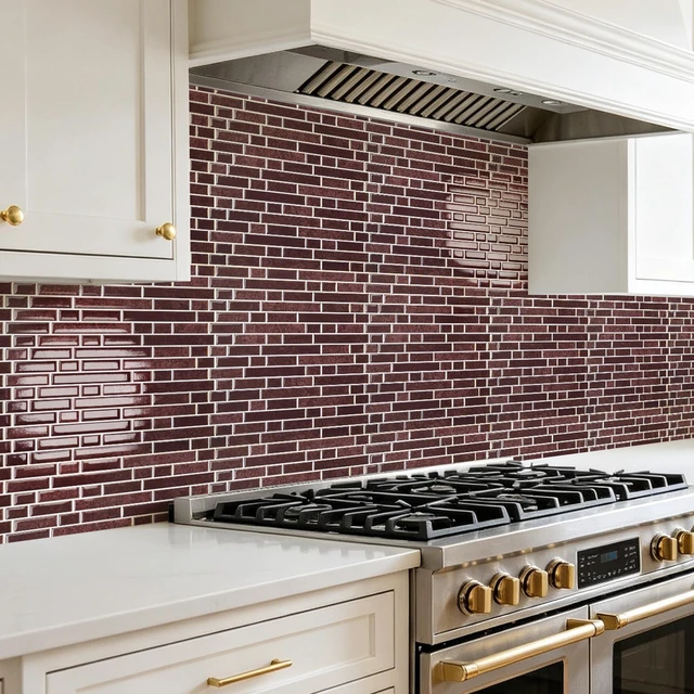 Alt view image 2 of 7 - Linear Tile Peel and Stick Backsplash, 10-Pack, Dark Burgundy 12 x 12 Inch, Enhanced Thickness, Warp Resistant, Strong Adhesion, Sturdy, for Kitchen, Bedroom, Ideal for Home Improvement
