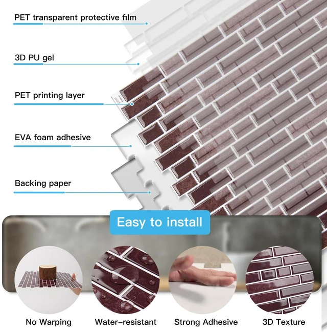 Alt view image 5 of 7 - Linear Tile Peel and Stick Backsplash, 10-Pack, Dark Burgundy 12 x 12 Inch, Enhanced Thickness, Warp Resistant, Strong Adhesion, Sturdy, for Kitchen, Bedroom, Ideal for Home Improvement