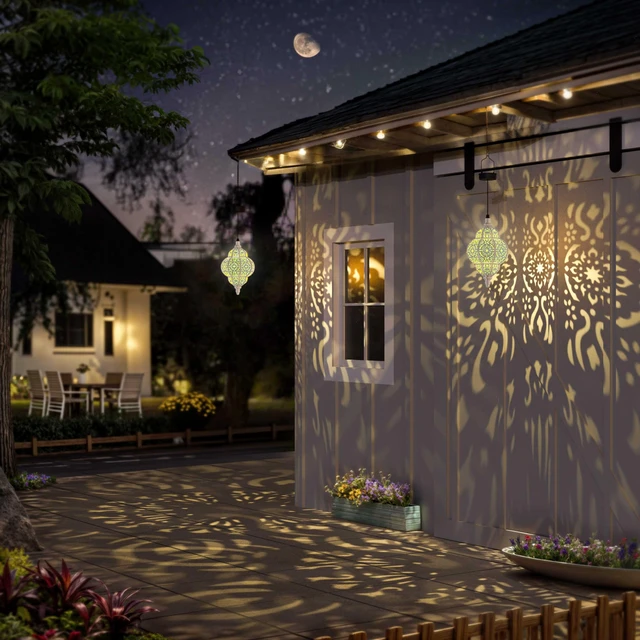 Alt view image 4 of 7 - Hanging Solar Lights Outdoor Garden Decor Solar Lantern Waterproof Plastic Moroccan Outdoor Decorations for Patio Pathway Yard Backyard Garden Decorative (2, White)