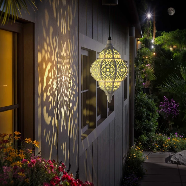 Alt view image 7 of 7 - Hanging Solar Lights Outdoor Garden Decor Solar Lantern Waterproof Plastic Moroccan Outdoor Decorations for Patio Pathway Yard Backyard Garden Decorative (2, White)