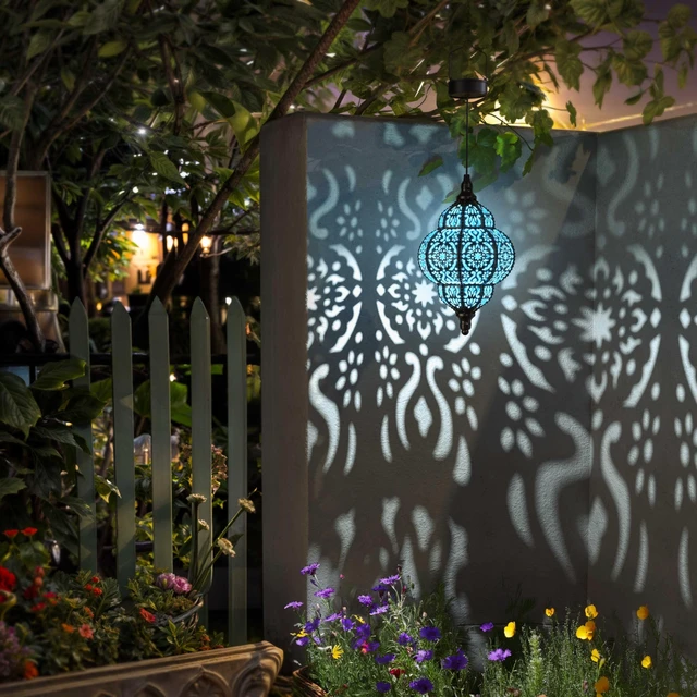 Alt view image 3 of 7 - Hanging Solar Lights Outdoor Garden Decor Solar Lantern Waterproof Plastic Moroccan Outdoor Decorations for Patio Pathway Yard Backyard Garden Decorative (2, Black)