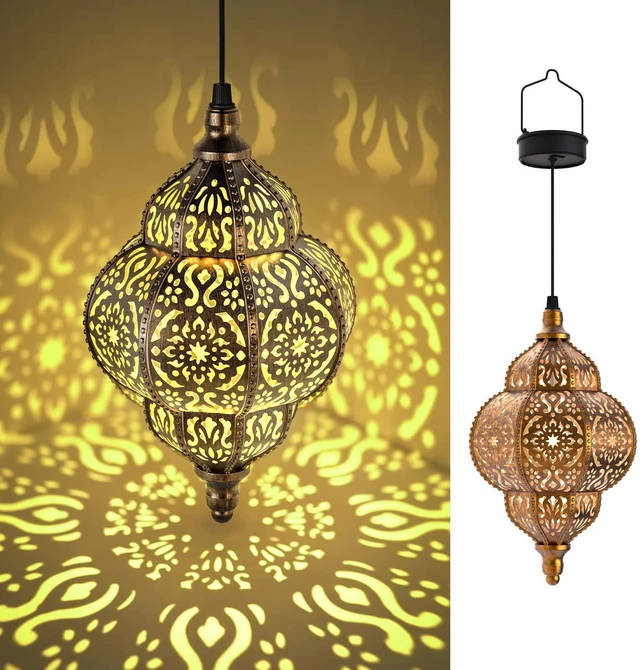 Main image of Hanging Solar Lights Outdoor Garden Decor Solar Lantern Waterproof Plastic Moroccan Outdoor Decorations for Patio Pathway Yard Backyard Garden Decorative (2 Pack, Bronze)