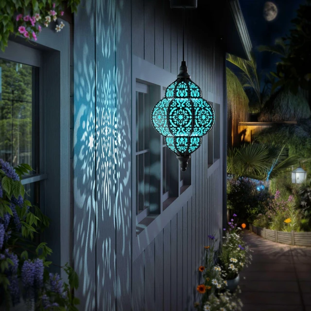 Alt view image 7 of 7 - Hanging Solar Lights Outdoor Garden Decor Solar Lantern Waterproof Plastic Moroccan Outdoor Decorations for Patio Pathway Yard Backyard Garden Decorative (2, Black)