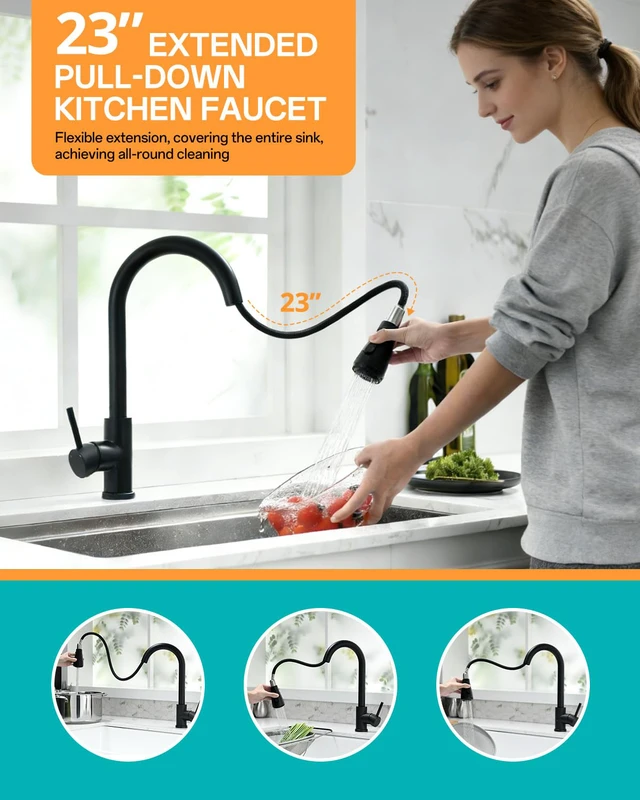 Alt view image 2 of 7 - Kitchen Faucet with Pull Down sparyer,Leak Proof, Matte Black 304 Stainless Steel,10-Min DIY Install,23-Inch Pull-Down Hose,2-Function Spray,360° Swivel Spout