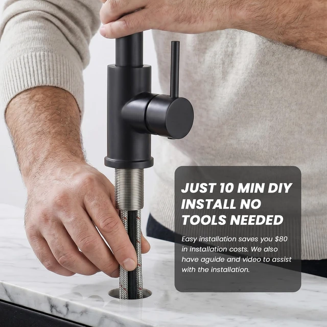 Alt view image 4 of 7 - Kitchen Faucet with Pull Down sparyer,Leak Proof, Matte Black 304 Stainless Steel,10-Min DIY Install,23-Inch Pull-Down Hose,2-Function Spray,360° Swivel Spout