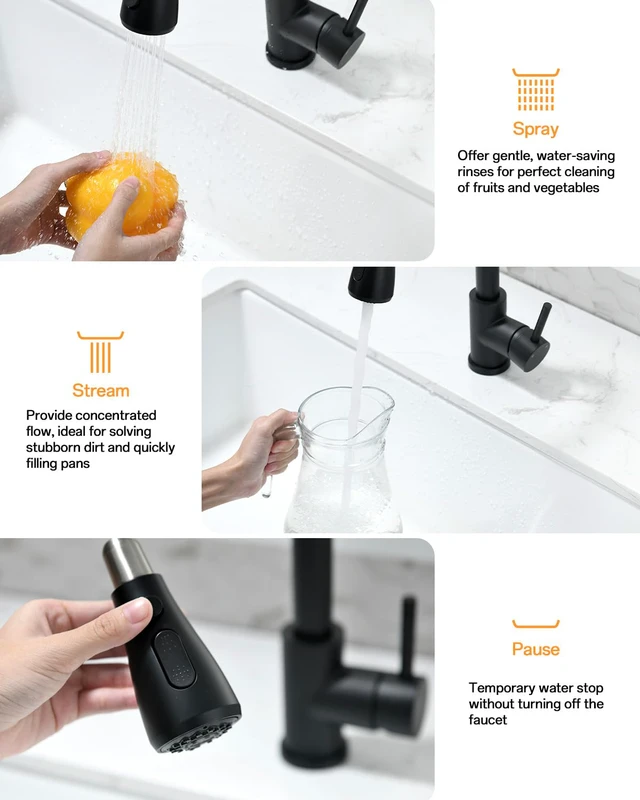 Alt view image 6 of 7 - Kitchen Faucet with Pull Down sparyer,Leak Proof, Matte Black 304 Stainless Steel,10-Min DIY Install,23-Inch Pull-Down Hose,2-Function Spray,360° Swivel Spout
