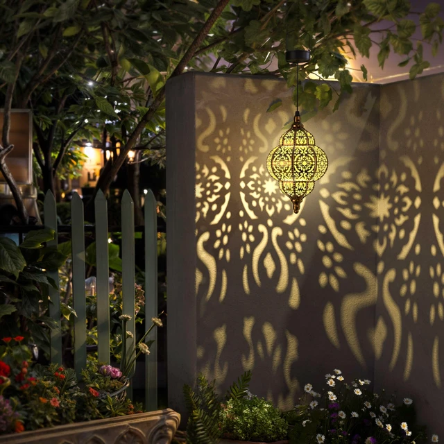 Alt view image 2 of 7 - Hanging Solar Lights Outdoor Garden Decor Solar Lantern Waterproof Plastic Moroccan Outdoor Decorations for Patio Pathway Yard Backyard Garden Decorative (2 Pack, Bronze)